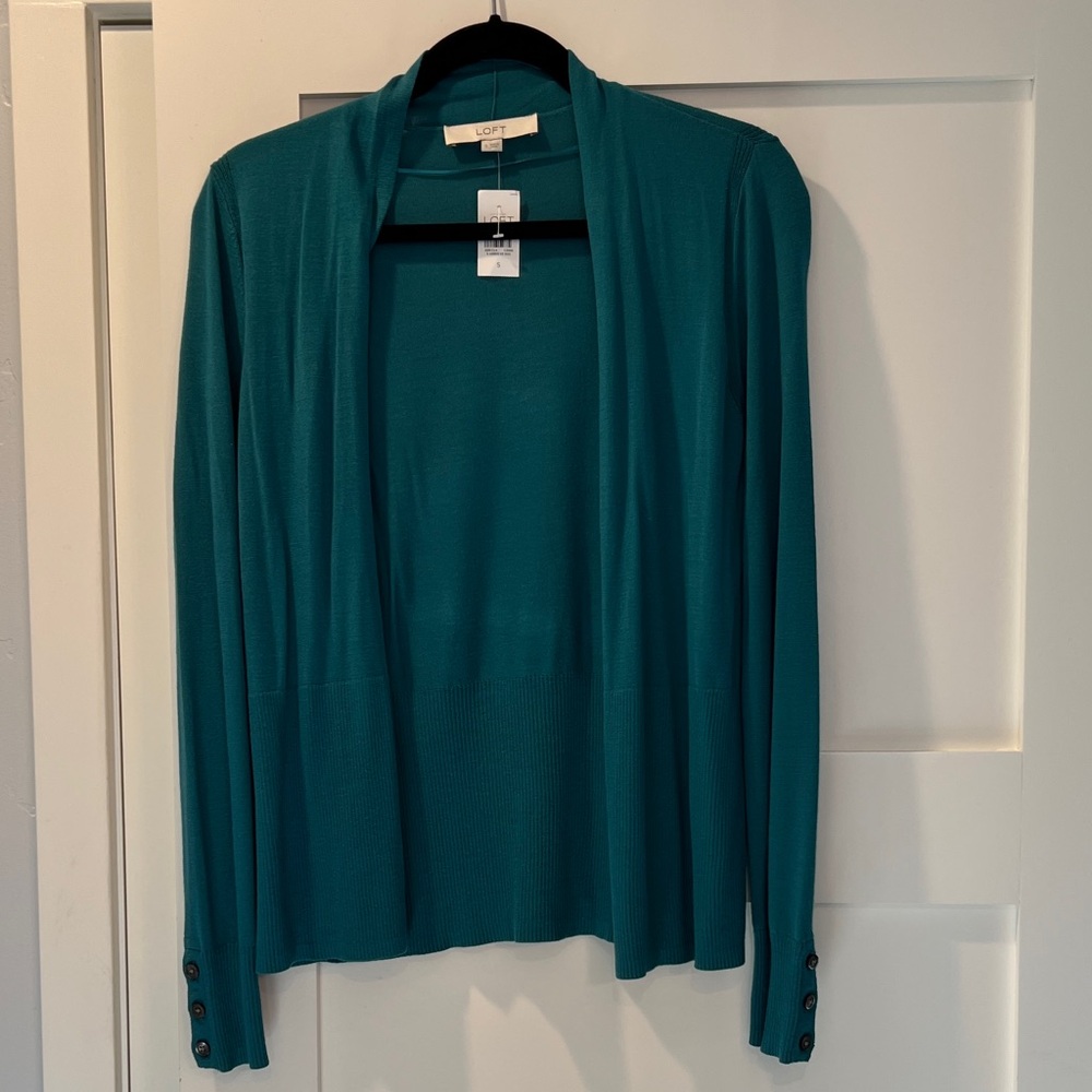 LOFT Teal Open Front Cardigan with Button Accents-NWT